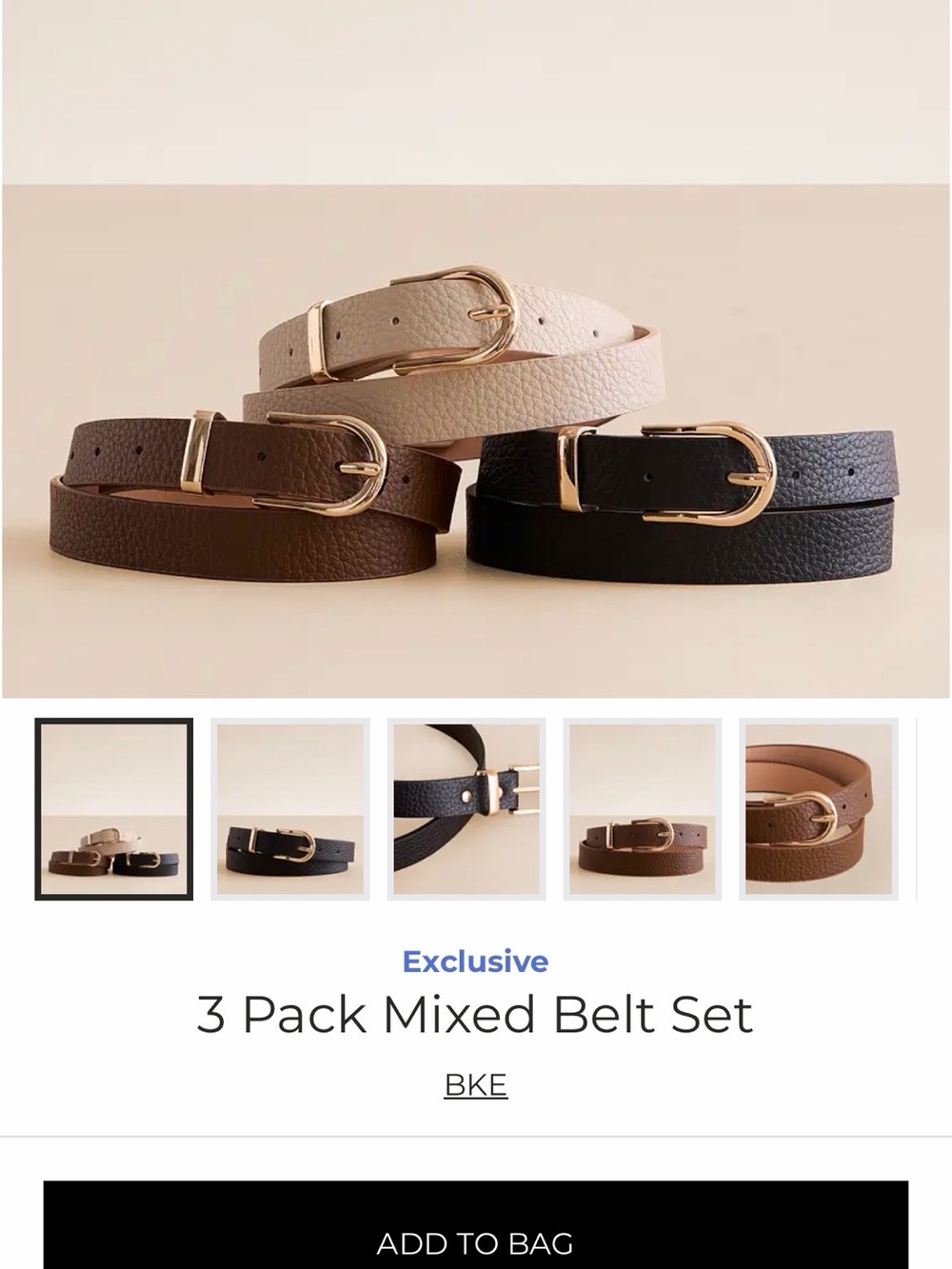 BKE 3-Pack Belt Set — Black, Brown, Cream